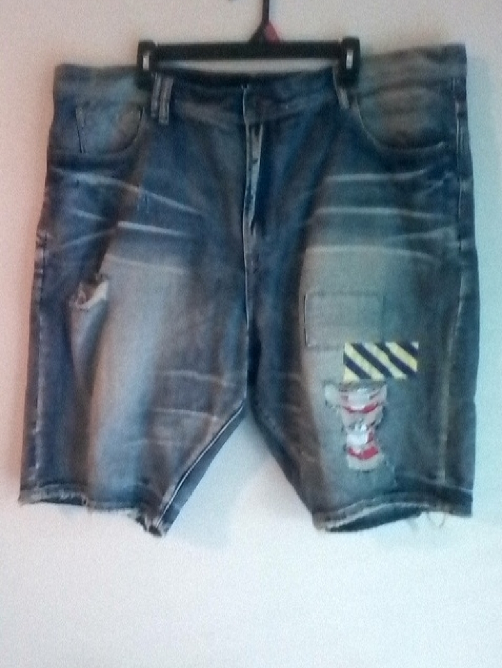 Akoo Men's Faded Blue Ripped Denim Shorts with Patch Detail